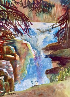 artwork showing a waterfall over a narrow gorge drenched in sunlight