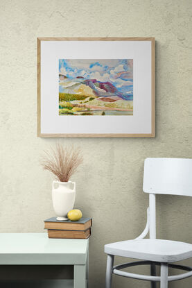 artwork showing a landscape view of the Lake District in Cumbria, England with the fells in the distance