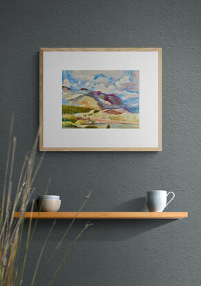 artwork showing a landscape view of the Lake District in Cumbria, England with the fells in the distance