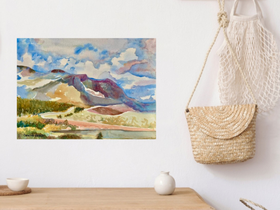 artwork showing a landscape view of the Lake District in Cumbria, England with the fells in the distance