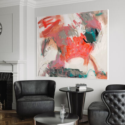 bold tones in peach, apricot, orange, pink, blush and peach, white, light green, sage, black and grey combined with large expressive marks, across the canvas surface. 