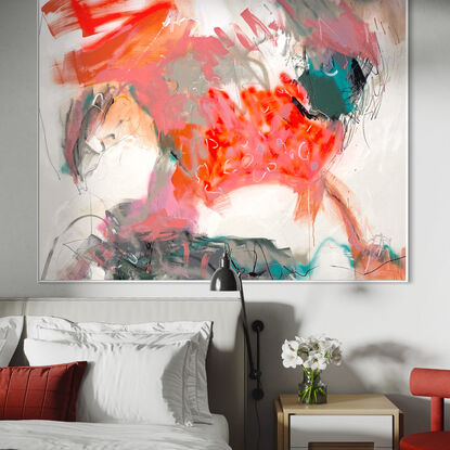 bold tones in peach, apricot, orange, pink, blush and peach, white, light green, sage, black and grey combined with large expressive marks, across the canvas surface. 