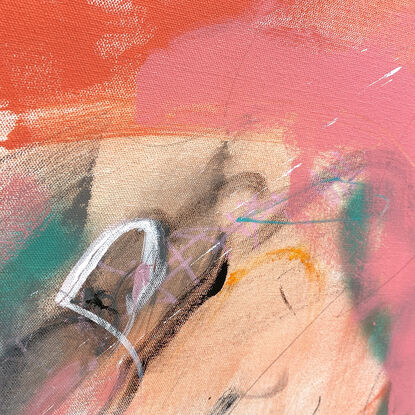 bold tones in peach, apricot, orange, pink, blush and peach, white, light green, sage, black and grey combined with large expressive marks, across the canvas surface. 