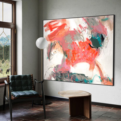 bold tones in peach, apricot, orange, pink, blush and peach, white, light green, sage, black and grey combined with large expressive marks, across the canvas surface. 