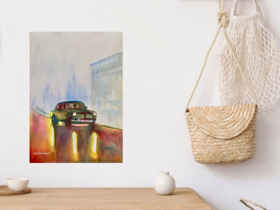 artwork showing a car driving through the rain at dusk with headlights shining on the road