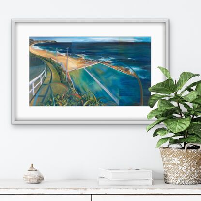 This Artwork is a limited edition print of an acrylic painting of Merewether Ocean Baths and the beaches, Merewether, Dixon Park and Bar Beach. The viewer is looking down onto the iconic Surf scene that is well known by the locals.