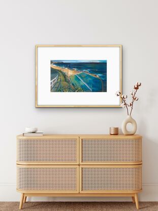 This Artwork is a limited edition print of an acrylic painting of Merewether Ocean Baths and the beaches, Merewether, Dixon Park and Bar Beach. The viewer is looking down onto the iconic Surf scene that is well known by the locals.