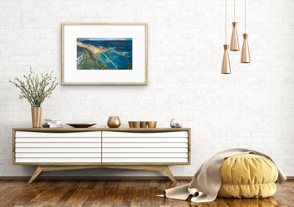 This Artwork is a limited edition print of an acrylic painting of Merewether Ocean Baths and the beaches, Merewether, Dixon Park and Bar Beach. The viewer is looking down onto the iconic Surf scene that is well known by the locals.