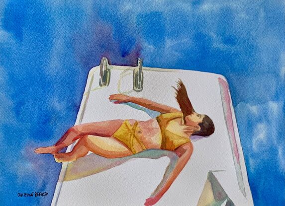 artwork showing a woman sunbathing at the water's edge of a pool