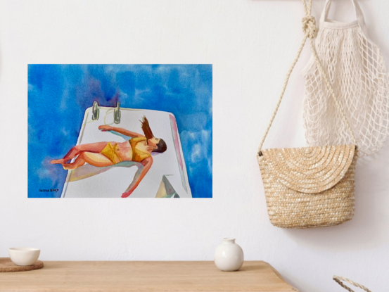 artwork showing a woman sunbathing at the water's edge of a pool