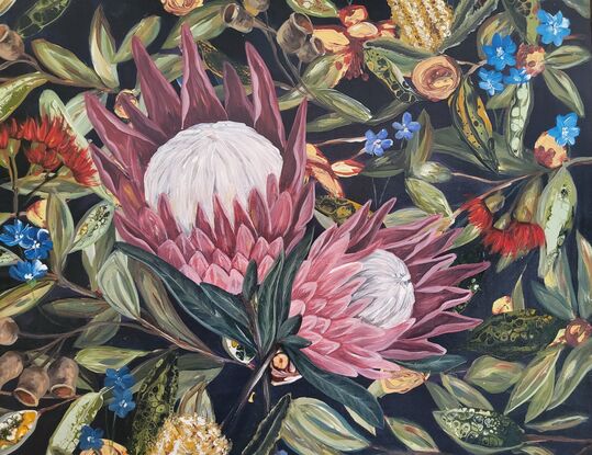 The painting is a vibrant celebration of wild flowers, capturing the essence of the bush with a rich array of colors and textures. At the center of the canvas, 3 magnificent protea commands attention with its bold, intricate petals in shades of pink, purple, red, and white, radiating outwards like a fiery sunburst.
Interwoven with the protea are clusters of banksia flowers, their spikes contrasting beautifully against the protea's rounded forms. Eucalyptus branches gracefully scattered across the canvas, the array of different hues of green leaves shimmering in the dappled light, providing a cool and warm contrast.
Small wildflowers peek out from amongst the larger blooms, adding a pop of blue, gum nuts in flower scatter around the canvas .
this mesmerising artwork is a beautiful combination of wild flowers