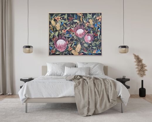 The painting is a vibrant celebration of wild flowers, capturing the essence of the bush with a rich array of colors and textures. At the center of the canvas, 3 magnificent protea commands attention with its bold, intricate petals in shades of pink, purple, red, and white, radiating outwards like a fiery sunburst.
Interwoven with the protea are clusters of banksia flowers, their spikes contrasting beautifully against the protea's rounded forms. Eucalyptus branches gracefully scattered across the canvas, the array of different hues of green leaves shimmering in the dappled light, providing a cool and warm contrast.
Small wildflowers peek out from amongst the larger blooms, adding a pop of blue, gum nuts in flower scatter around the canvas .
this mesmerising artwork is a beautiful combination of wild flowers