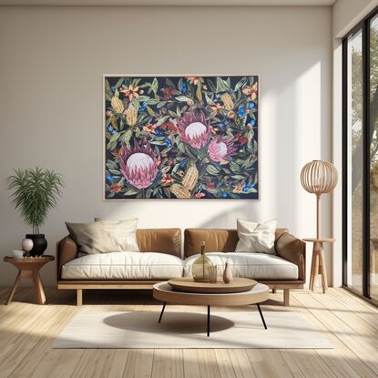 The painting is a vibrant celebration of wild flowers, capturing the essence of the bush with a rich array of colors and textures. At the center of the canvas, 3 magnificent protea commands attention with its bold, intricate petals in shades of pink, purple, red, and white, radiating outwards like a fiery sunburst.
Interwoven with the protea are clusters of banksia flowers, their spikes contrasting beautifully against the protea's rounded forms. Eucalyptus branches gracefully scattered across the canvas, the array of different hues of green leaves shimmering in the dappled light, providing a cool and warm contrast.
Small wildflowers peek out from amongst the larger blooms, adding a pop of blue, gum nuts in flower scatter around the canvas .
this mesmerising artwork is a beautiful combination of wild flowers