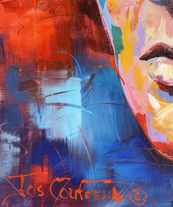 Man looking contemplative, painted in bold vibrant colours. 