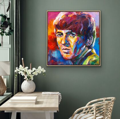 Man looking contemplative, painted in bold vibrant colours. 