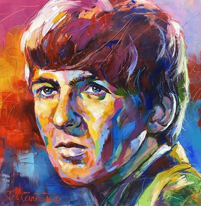 Man looking contemplative, painted in bold vibrant colours. 