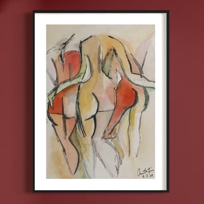 Watercolour image of 3 nude women from the back, in an embrace of friendship 