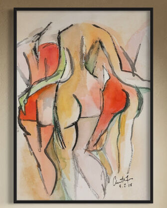 Watercolour image of 3 nude women from the back, in an embrace of friendship 