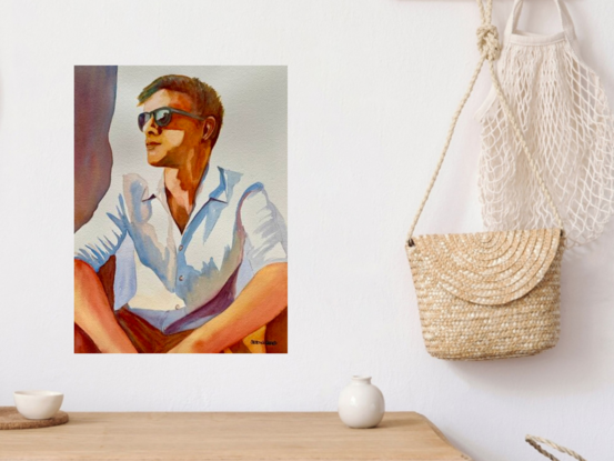 artwork showing a man wearing sunglasses looking off into the sun