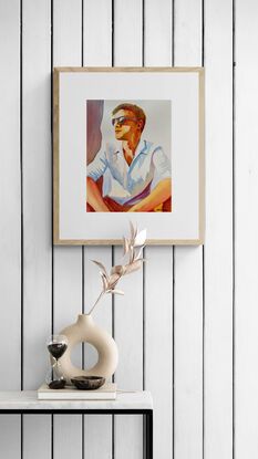 artwork showing a man wearing sunglasses looking off into the sun