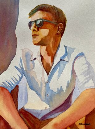 artwork showing a man wearing sunglasses looking off into the sun