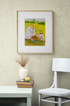 artwork showing a mother and daughter dressed in white gathering flowers together