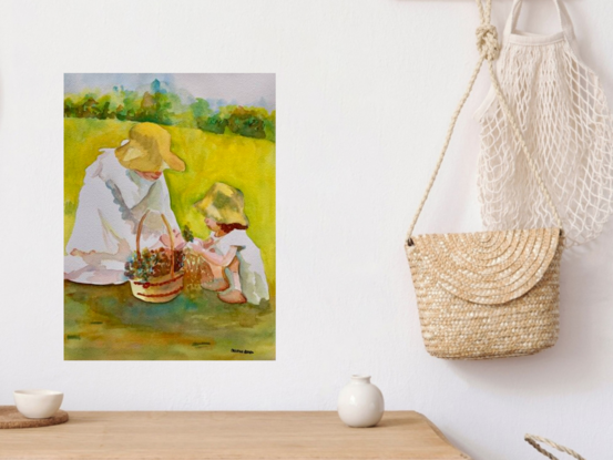 artwork showing a mother and daughter dressed in white gathering flowers together