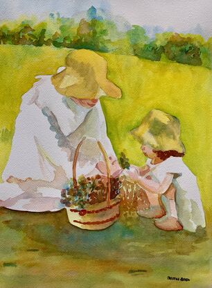 artwork showing a mother and daughter dressed in white gathering flowers together