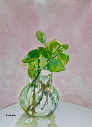 artwork showing a glass vase and greenery