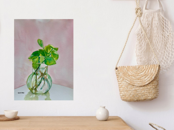 artwork showing a glass vase and greenery