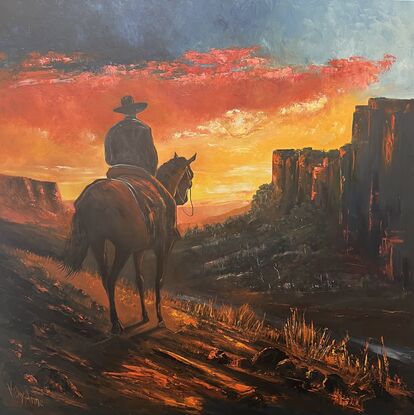 Welcome to 'Outback Nomad,' my latest painting capturing the spirit of adventure in the heart of Central Australia. In this piece, a lone figure on horseback embarks on a journey through the rugged terrain as the sun sets, casting a warm and rich palette of reds, oranges, and earthy tones across the canvas.
The man on horseback gazes pensively over the valley, taking in the breathtaking landscape that unfolds before him. 
The beautiful, rich reds and oranges evoke the magic of the sunset, infusing the artwork with a sense of warmth and tranquility. 

