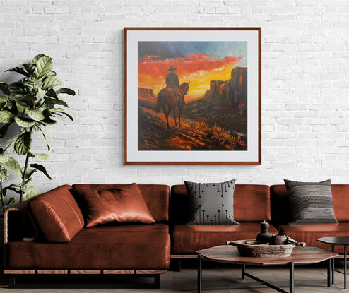 Welcome to 'Outback Nomad,' my latest painting capturing the spirit of adventure in the heart of Central Australia. In this piece, a lone figure on horseback embarks on a journey through the rugged terrain as the sun sets, casting a warm and rich palette of reds, oranges, and earthy tones across the canvas.
The man on horseback gazes pensively over the valley, taking in the breathtaking landscape that unfolds before him. 
The beautiful, rich reds and oranges evoke the magic of the sunset, infusing the artwork with a sense of warmth and tranquility. 

