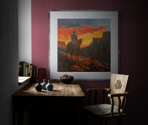 Welcome to 'Outback Nomad,' my latest painting capturing the spirit of adventure in the heart of Central Australia. In this piece, a lone figure on horseback embarks on a journey through the rugged terrain as the sun sets, casting a warm and rich palette of reds, oranges, and earthy tones across the canvas.
The man on horseback gazes pensively over the valley, taking in the breathtaking landscape that unfolds before him. 
The beautiful, rich reds and oranges evoke the magic of the sunset, infusing the artwork with a sense of warmth and tranquility. 

