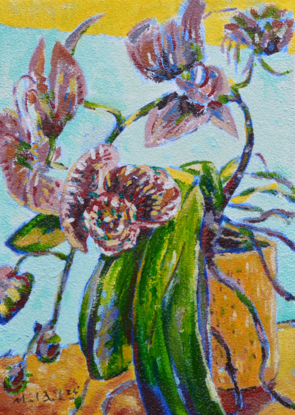 Still life with maroon orchids in cylindrical, peach coloured vase