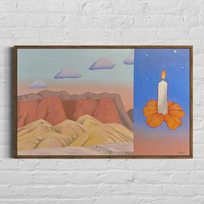 Desert mountains with clouds and surreal flower and candle 