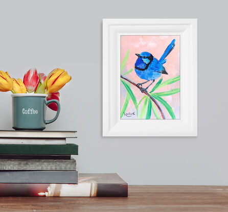 Splendid Fairy Wren bird original painting by Irina Redine. Australian bird small artwork framed and ready to hang, gift idea