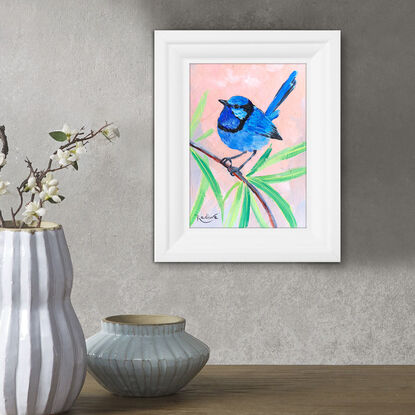 Splendid Fairy Wren bird original painting by Irina Redine. Australian bird small artwork framed and ready to hang, gift idea