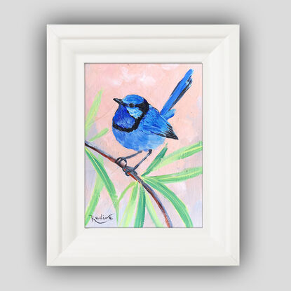 Splendid Fairy Wren bird original painting by Irina Redine. Australian bird small artwork framed and ready to hang, gift idea