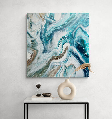 Turning Tides - original artwork by Kasia Michalska - abstract acrylic painting stretched and ready to hang. Each painting is one-of-a-kind due to the process of fluid art.

Turning Tides was created using the process of fluid art. The layering of paints and chemical interactions create a one-of-a-kind piece that cannot be recreated.

MATERIALS 
The following materials were used to create this one-of-a-kind piece:
 - Deep edged canvas with sturdy internal wood frame
- Coated with quality varnish and UV protection 
- Ready to hang with D-rings, included
 - Artwork is signed by the artist
 - Certificate of authenticity provided

‘In situ’ photos have been included to help imagine the artwork in your home. The photos were created using the Canvy app, they may not be perfectly to scale. Please read the measurements to ensure it fits your spot.