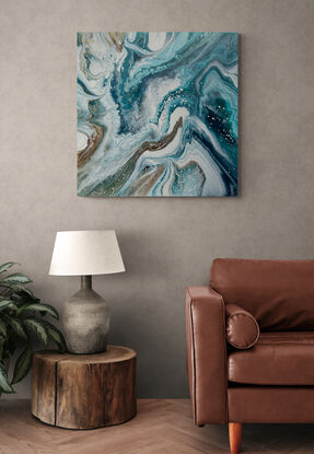 Turning Tides - original artwork by Kasia Michalska - abstract acrylic painting stretched and ready to hang. Each painting is one-of-a-kind due to the process of fluid art.

Turning Tides was created using the process of fluid art. The layering of paints and chemical interactions create a one-of-a-kind piece that cannot be recreated.

MATERIALS 
The following materials were used to create this one-of-a-kind piece:
 - Deep edged canvas with sturdy internal wood frame
- Coated with quality varnish and UV protection 
- Ready to hang with D-rings, included
 - Artwork is signed by the artist
 - Certificate of authenticity provided

‘In situ’ photos have been included to help imagine the artwork in your home. The photos were created using the Canvy app, they may not be perfectly to scale. Please read the measurements to ensure it fits your spot.