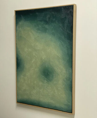 Embodying the malachite stone - one for the energy levels, alleviating negativity and increasing mental clarity.

This piece is an injection of fresh air, you can feel her presence and she absolutely sets the most beautiful tone to the room.

Size: 80cm x 120cm

Colour: Dark Green, teal, light pistachio green