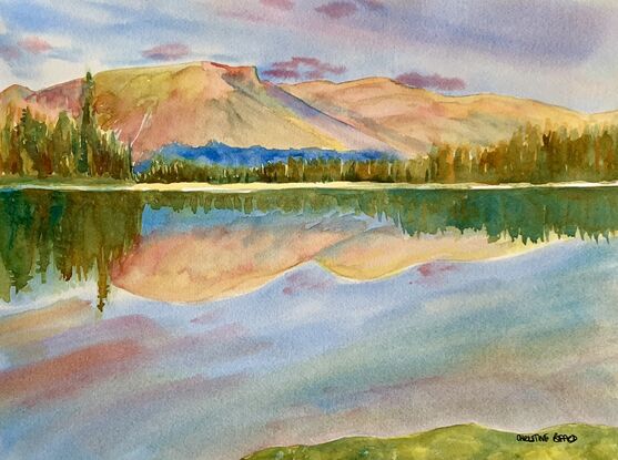 artwork showing a sunny day landscape vista with distant fells and a mirror lake reflection
