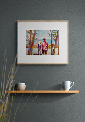 artwork showing a couple talking to each other about where to go for their walk
