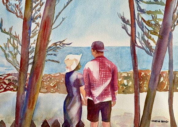 artwork showing a couple talking to each other about where to go for their walk
