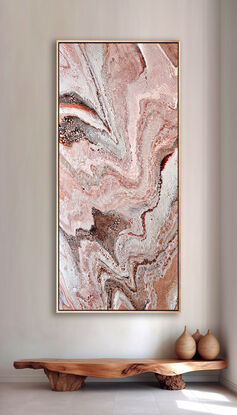 ABSTRACT painting of flowing colours: golds, light golds, ochre, chocolate, royal purple, pink, beige.peach for sophisticated Barbie!
It has incredible depth while evoking a feeling of peace/
The closer you get to the painting the more of the interesting details and patterns you can see. Metallics add an extra depth because the painting changes personality when one views from different angles! Incredibly this painting can look good with almost any wall colour!