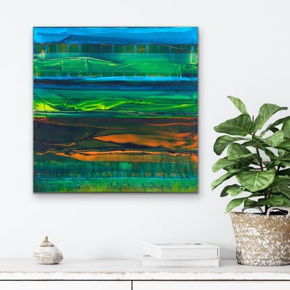 An abstract portrayal of the Australian desert, symbolising the multiple layers and vivid colours underneath the desert earth of the Nullarbor Plain.