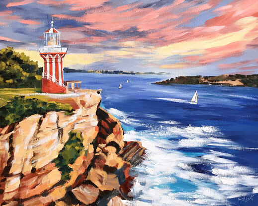 Hornby Lighthouse, Sydney original painting by Irina Redine. Australian Lighthouse one of a kind wall art on canvas, ready to hang.