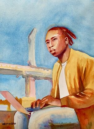 artwork showing a man typing on his laptop

