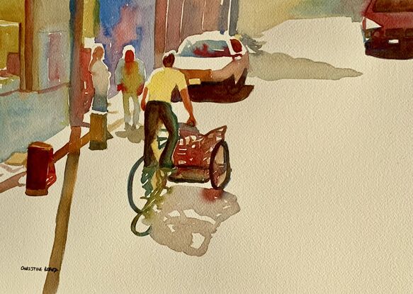 artwork showing a man riding a delivery bike

