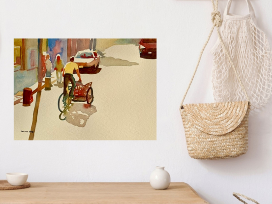 artwork showing a man riding a delivery bike

